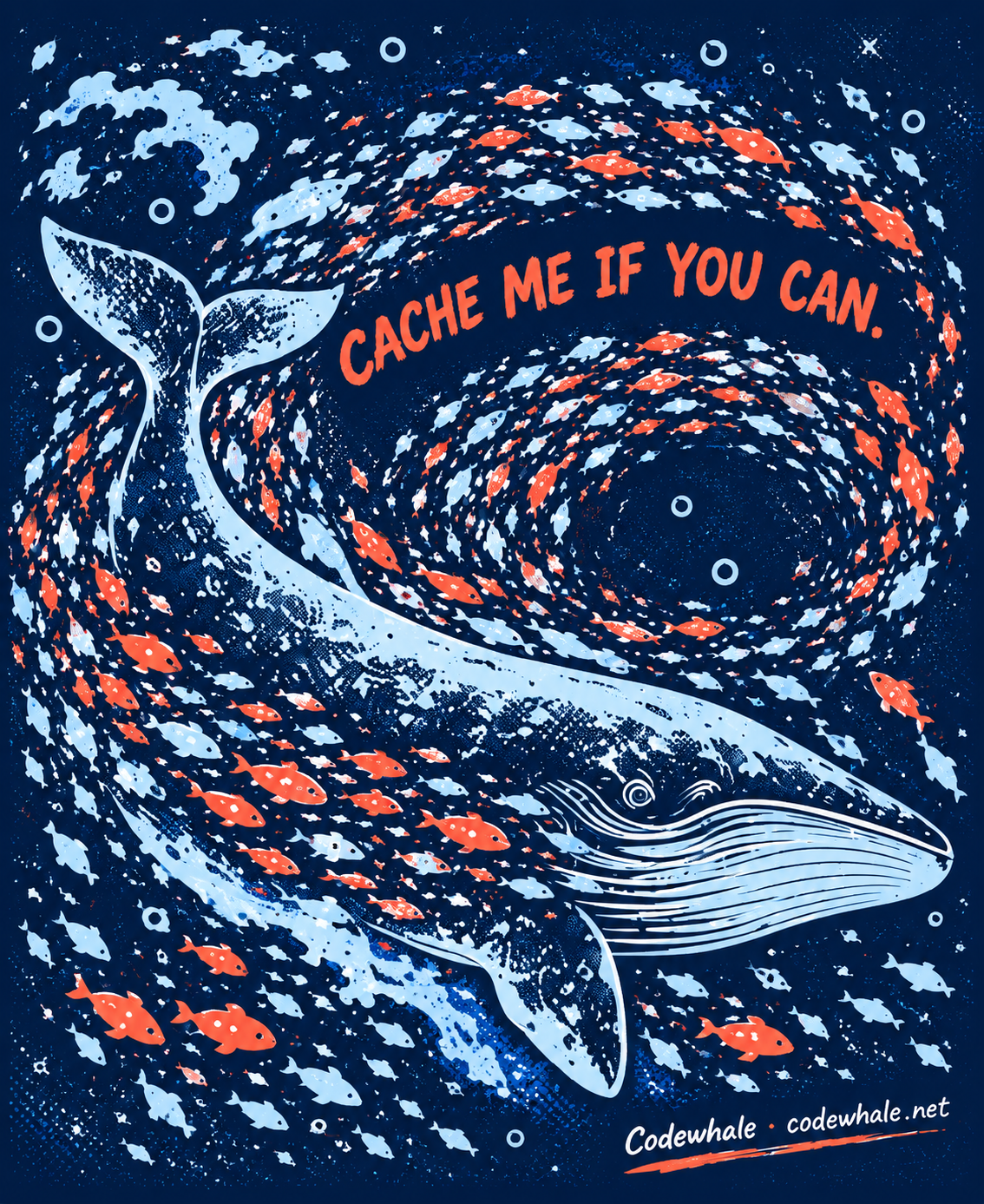 Flat mousepad artwork with a whale, ocean currents and Cache me if you can lettering.