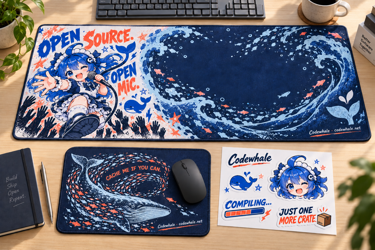 Codewhale desk gear concepts with Stage Dive concert artwork, ocean currents and developer stickers.