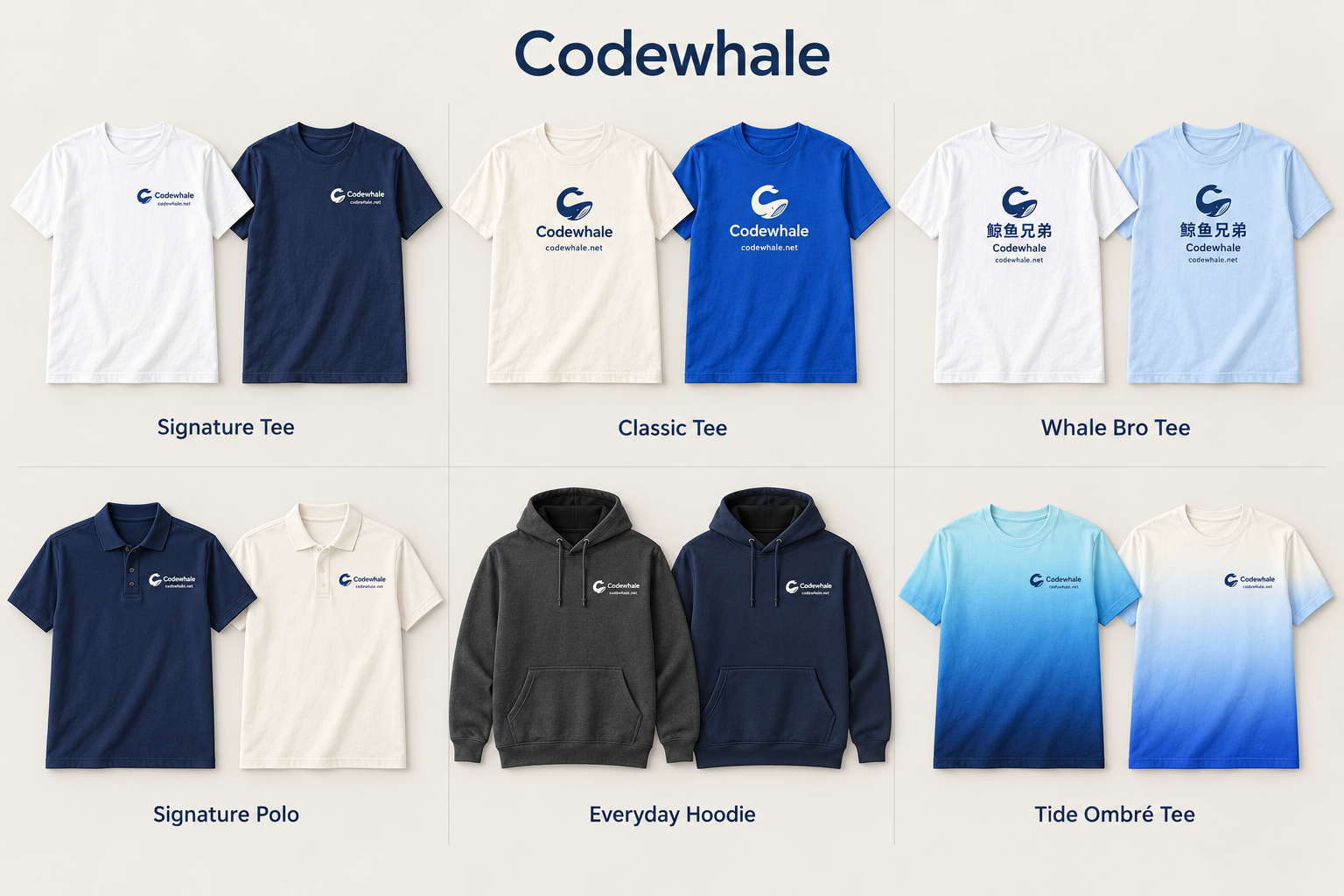 Six Codewhale apparel concepts in two color choices each: solid Signature and Classic cotton tees, Whale Bro cotton tees, solid Signature polos, solid Everyday fleece hoodies, and Tide ombré jersey tees.