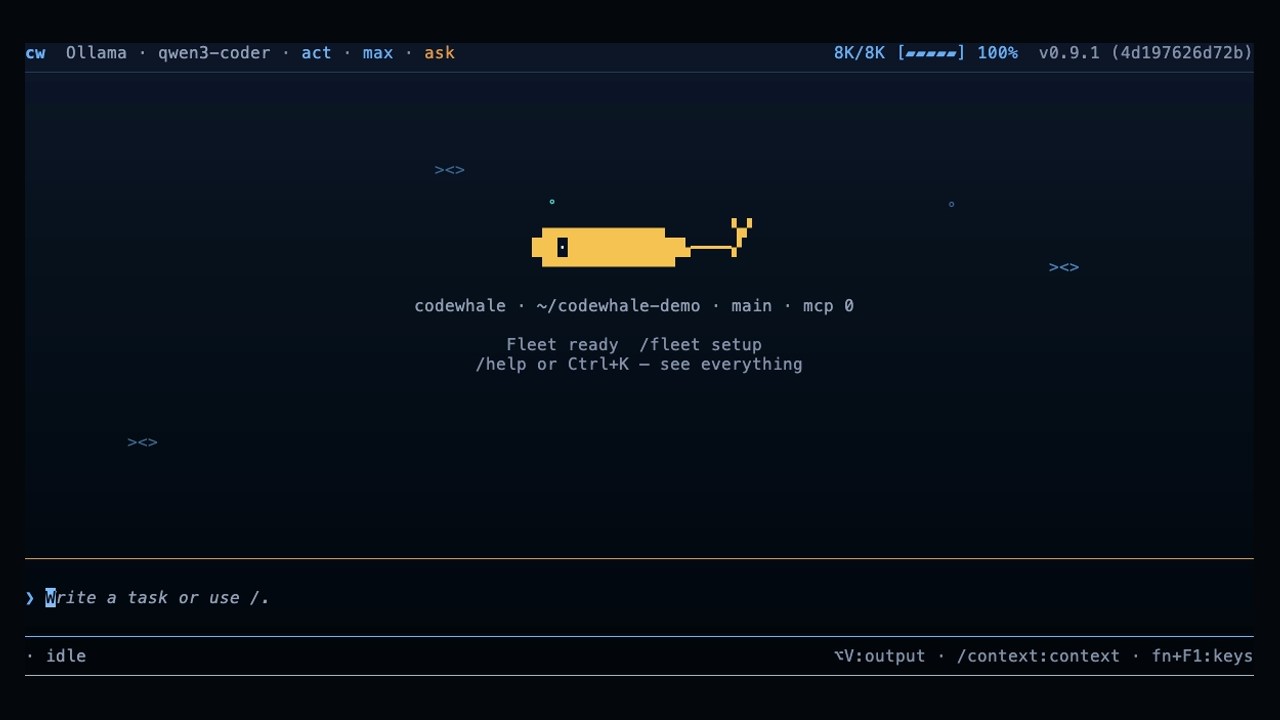 Fresh Codewhale v0.9.1 terminal session using a local Ollama route, with no empty Work bar
