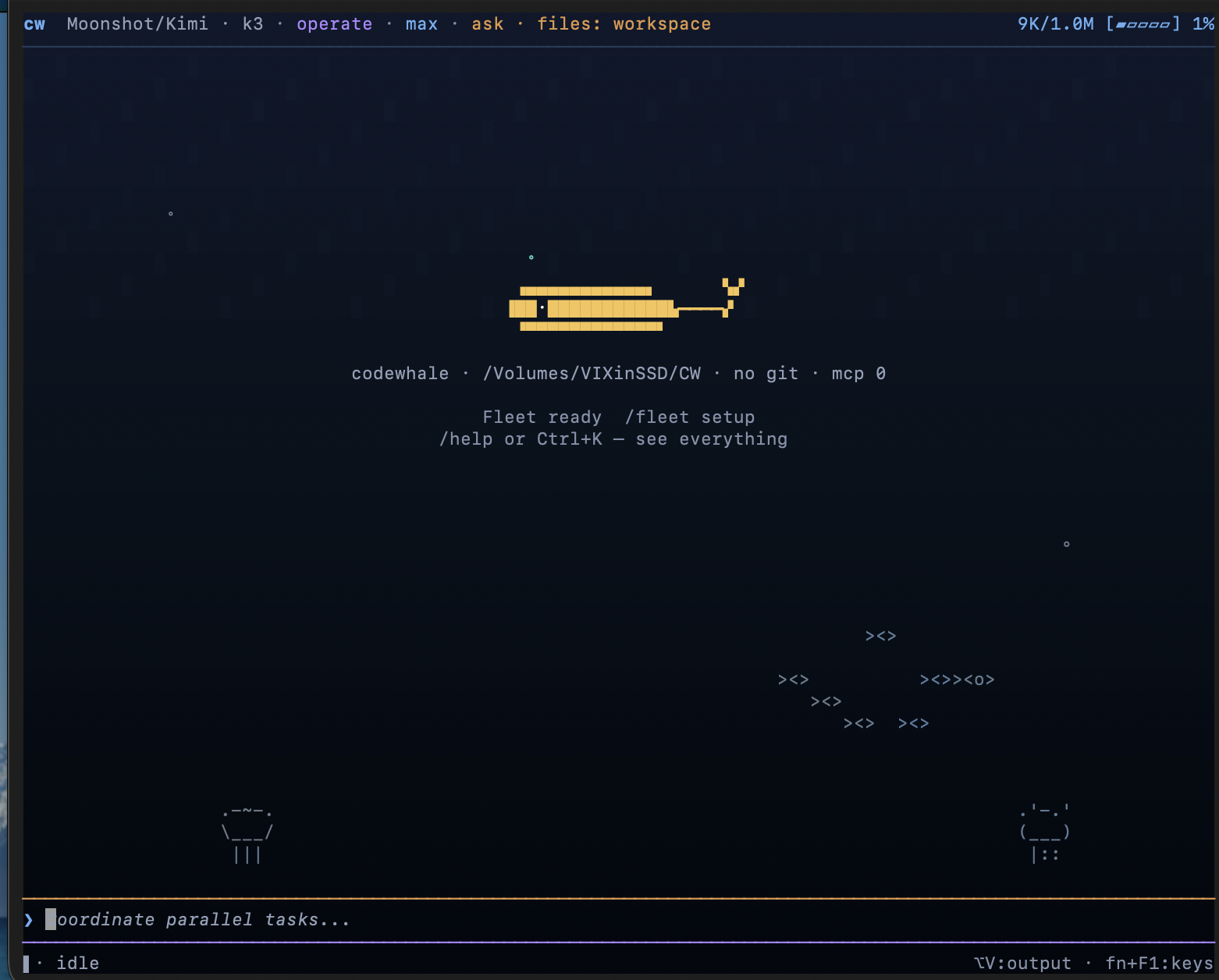 Codewhale terminal session in Operate mode: the whale, the composer, and the status footer