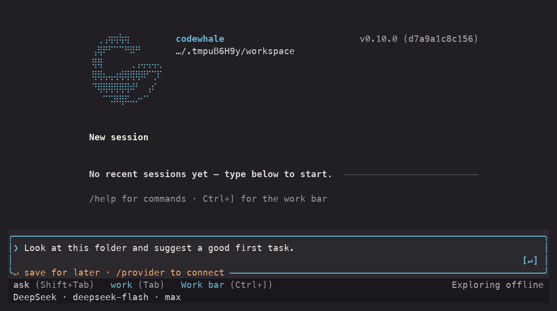 Codewhale v0.10.0, versió de desenvolupament: balena, sessió nova, camp de missatge, permisos Ask, mode Work i estat del model. Representació de la sortida real d’un terminal aïllat.